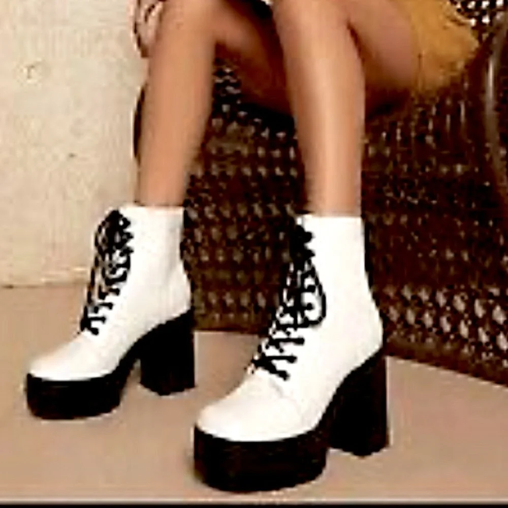 Steve Madden Black and White Platform Block Heel Combat Boots - Picture 2 of 9